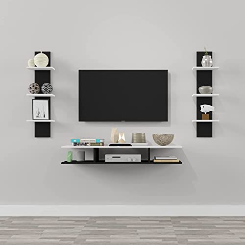 Touchh Wood Furniture Engineered Wood Wall Mounted TV Entertainment Unit Set Top Box Wall Stand – White and Black