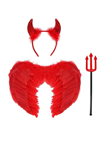 HENBRANDT Single Pack - Adult 3-Piece Devil Fancy Dress Set - Red Feathered Wings Horned Headband & Fork Trident Prop for Halloween Costume Parties & Events