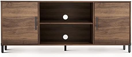 Novilla 110cm TV Stand Cabinet for 50 Inch TV, 2 Tier TV Cabinet with 2 Doors, Six-zone Storage, Adjustable Shelf & Metal table legs, Anti-scratch & Waterproof Desktop, Rustic Brown, 110x40x50cm