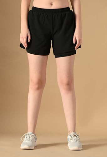 Image of Women Dual Layer Black Sports Shorts| 2-in-1 Athletic Running Gym Shorts with Built-in Compression Liner | Quick Dry, Lightweight