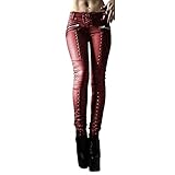 Pantalones de cuero sintético elástico de cintura alta para mujer con cremallera Punk Rock lápiz pantalones biker leggings, rosso, XXL