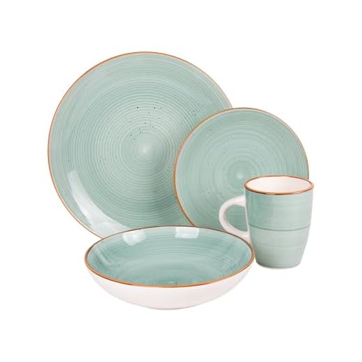 Cofan Vajilla de cerámica color verde agua pintada a mano | Set de 16 piezas | Apta para lavavajillas, microondas y horno