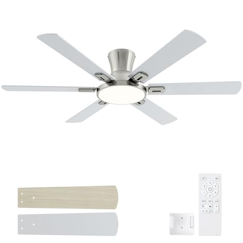 52 Inch Brushed Nickel Ceiling Fans with Lights and Remote,Flush