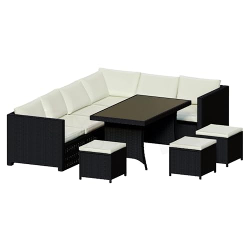 Image of DEVOKO Outdoor Patio Furniture 6 Piece Dining Sectional Sofa with Table and Chair, All Weather Wicker Conversation Set Ottoman for Backyard, Lawn, Garden (Black & Off-White)