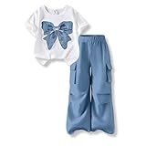 Voxikodex Size 11 12 Years Girls Clothes 2PCS Butterfly Print Short Sleeve T-Shirt Tops & Blue Cargo Pants Set Casual Kids Girls Spring Summer Clothing Set(11-12Y)