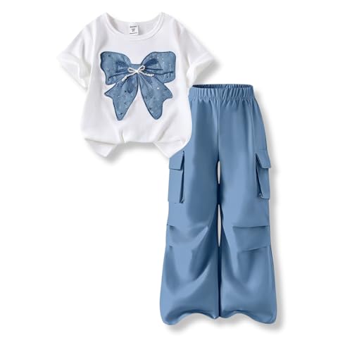 Voxikodex Size 15 16 Years Teen Girls Outfits 2PCS Bow Print Short Sleeve Tee Tops & Blue Cargo Pants Set Casual Teen Girls Summer Fall Clothing Set(15-16Y)