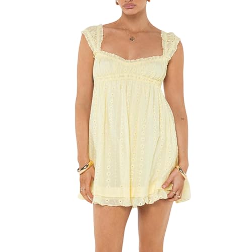Women's Babydoll Mini Dress Floral Embroidery Summer Sleeveless Loose A Line Flowy Short Sundress for Beach Club Party
