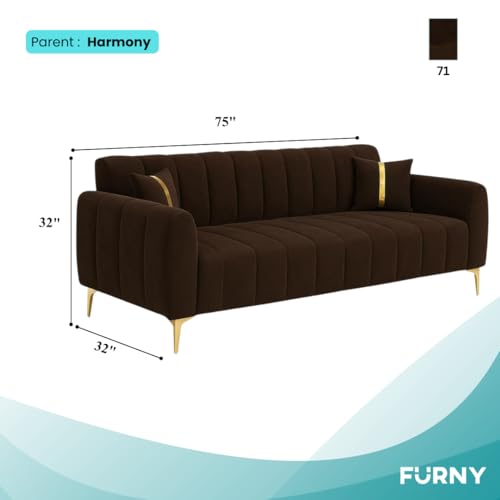 Image of FURNY Harmony 3 Seater Velvet Fabric Sofa Set (Brown) with Golden Finish Legs | Durable & Comfortable | Ideal for Living Room