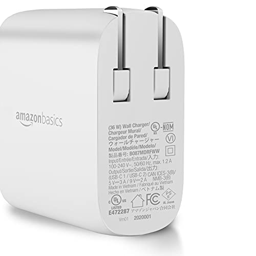 Amazon Basics 36W Dual Port USB-C Wall Charger with Power Delivery, Foldable Plug, for Tablets and Phones, Apple Watch, White, 2.34 x 1.09 x 2.21 in (PD36U-2TNB) view 2