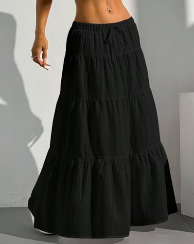 Image of Jawdrobe Women's Georgette Ruffle Hem Long Flared Skirt Lightweight Soft Fabric| High-Waisted Ruffled Maxi Plain and Pleated Skirt