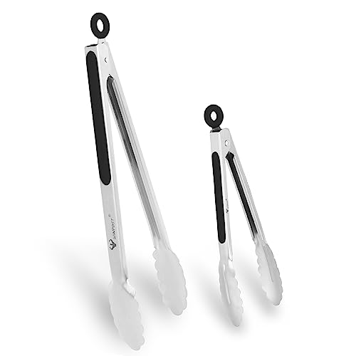 WINPOST Set di pinze da cucina in acciaio inox, 21 cm e 34 cm, manico antiscivolo resistente al calore, ideali per cucinare, insalata, grigliare e barbecue (21 cm + 34 cm, nero)