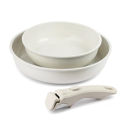 CASTEY - Easy Pan Duo, Set de Sartenes con Mango Desmontable, Aluminio, Doble Recubrimiento Antiadherente, Apto para Horno y Todas las Cocinas, Fácil Limpieza, Blanco
