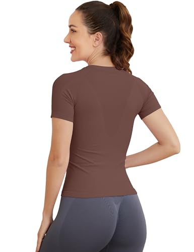 Image of MathCat Short Sleeve Workout Tops for Women, Seamless Women's Compression Shirt, Yoga Running Athletic Shirts Soft Gym Tops