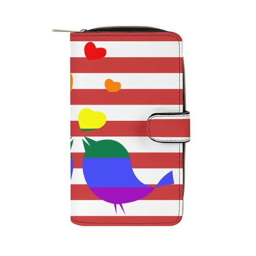 U.S. Flag LGBT Rainbow Birds Stylish Leather Wallet Womens Mens Slim Purse Secure Card Holder Durable Bifold Clutch Handbag