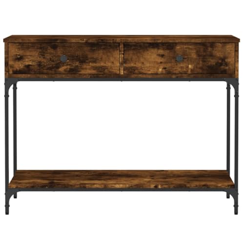 Mesa consola de madera de roble ahumado con cajón y estante de 100 cm 4
