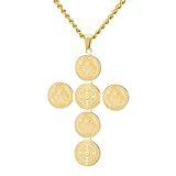 OATHCAF Collar Medalla San Benito Cruz Colgante Cadena Acero Inoxidable Joyería para Mujeres Accesorios Religiosos Medallón Charmes Regalos (Bañado en oro de 14 quilates)