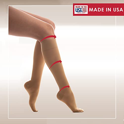 Image of Medicella Premier Closed Toe Knee High Compression Socks for Women 20-30 mmHg Made in USA Medical Quality Sheer Firm Pressure Support Circulation & Travel (Large, Beige)