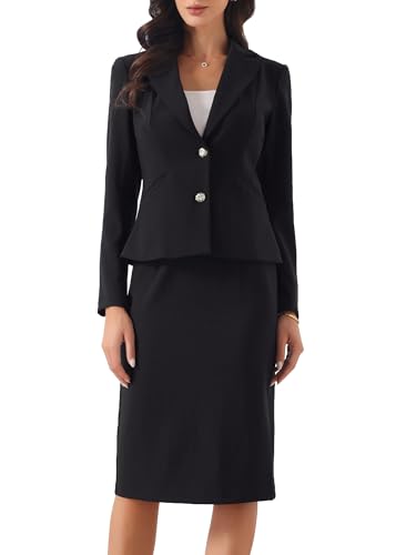 Allegra K Conjunto de 2 peças de saia e lazer para mulher manga comprida saia lápis fatos formais de trabalho e negócios, Preto, XL