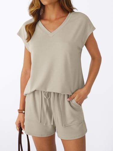 AUTOMET 2 Piece V Neck Cap Sleeve Shirt and Shorts Set Womens Matching Summer Lounge Sets3