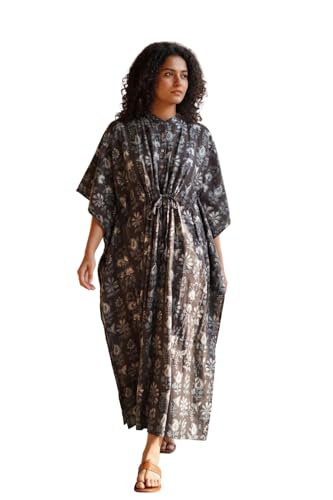 Image of Cotton Kaftan Dresses for Women | Hand Printed Cotton Kaftan Nighty for Women | Length- 52 Inches