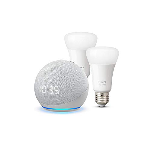 Der neue Echo Dot (4. Generation) mit Uhr, Weiß + Philips Hue White LED-Lampe Doppelpack (E27), kompatibel mit Bluetooth und Zigbee (kein Hub