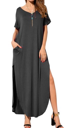 Image of GRECERELLE Women's Summer Maxi Dress Casual Loose V Neck Short Sleeve Side Split Long Dresses with Functional Pockets