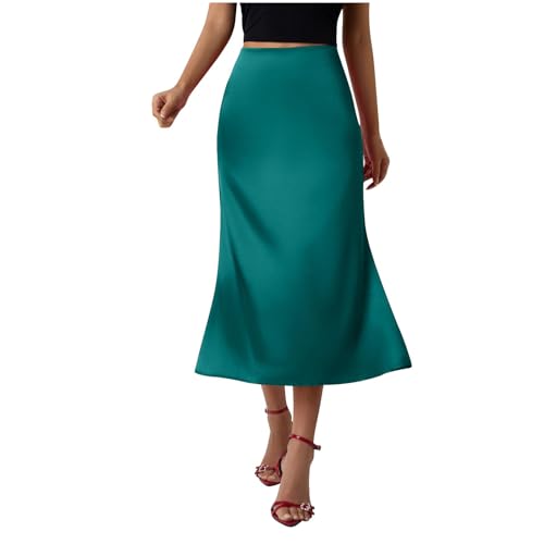Women's Long Satin Skirt Silk Dressy Glossy Elegant Hidden Elastic High Waist Flared A-Line Maxi Skirts Club Party