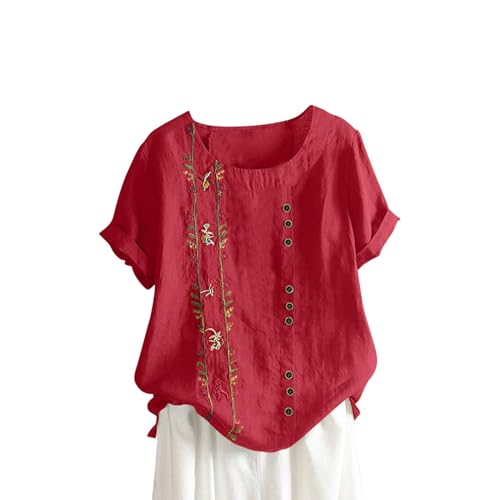 Chemisiers et Blouses Femme Coton Lin Manches Courtes Col Rond T-Shirt a La Mode avec Boutons Hauts Polyvalente Imprimé Floral Tee Shirt Grande Taille Tops...
