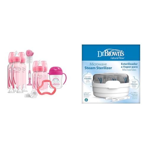 Image of Dr. Brown's Anti-Colic Pink Baby Bottle Gift Set with 3 8oz & 3 4oz Bottles, Nipples, Cup, Teether, Brush & Microwave Steam Sterilizer for Bottles & Parts