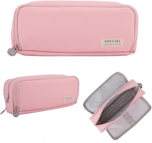 Image of Polyester Pencil Case Large Pencil Cases For Girls Boys Big Capacity Pencil Pouch with 3 Compartments School Stationary Kids College Students Office Aesthetic Pencil Pouch (Pink)