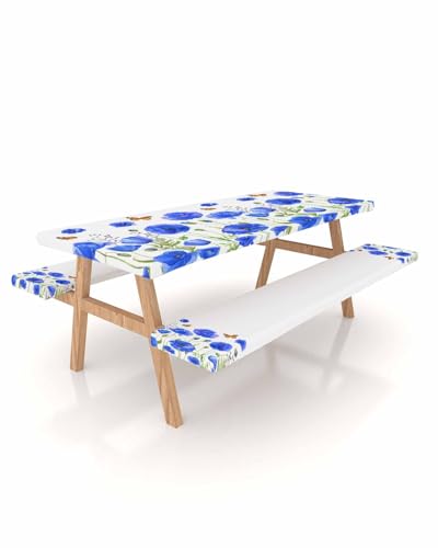 ARTSHOWING Picnic Table Cover with Bench Covers Elastic Floral Tablecloth for 6 FT Table Waterproof Watercolor Red Poppy Flowers Blue Table Cover 72 Inch 3 Pcs Camping Essentials for Outdoor