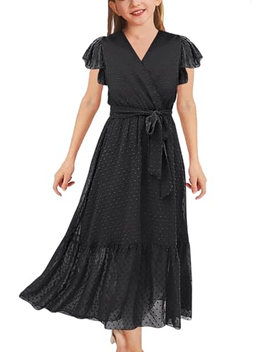 Girls Bohemian Dresses Flying Cap Sleeve V Neck Belt Calf Long Maxi Pleated Flowy Dresses for Girls