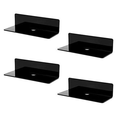 IEEK 4 PCS Small Acrylic Floating Wall Shelves,9 Inch Adhesive Display Shelf for Nintendo Switch/Smart Speaker/Security Cameras/Action Figures,No Damage Expand Wall Space,Black Cover