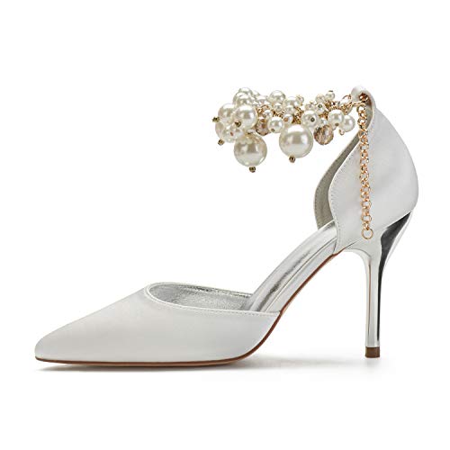ADMLZQQ Women Pumps Closed Toe Pearl Ankle Strap High Heel Satin Evening Wedding Dress Shoes2