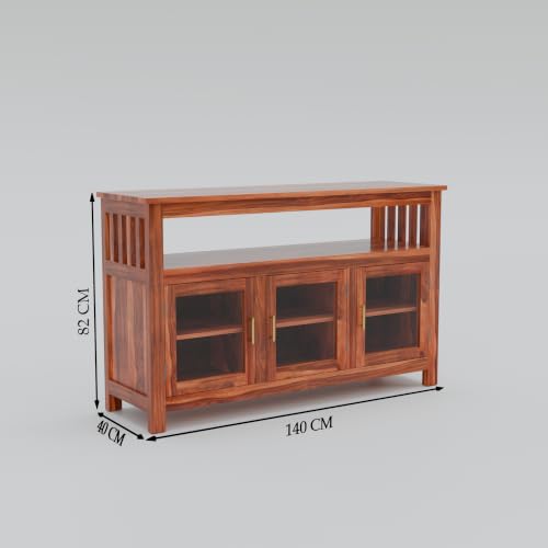 Image of Solid Sheesham Wood Sideboard for Living Room with Glass Doors | 3-Door Storage Unit & Open Display Shelf | Buffet Cabinet for Dining Room, Entryway & Hallway | Honey Finish | 140 x 40 x 82 cm