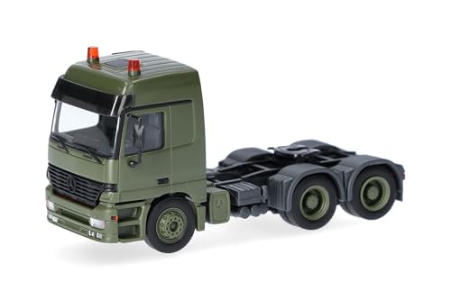 Herpa truck model Mercedes-Benz Actros L (96) MP1 rigid tractor 3 axles (6x4), olive (Belgium), military, on a scale of 1:87, plastic miniature, made in Germany, model building, collectors edition