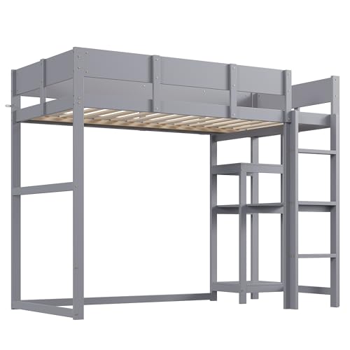 Cama alta de madera 90x200 gris para niños con estante integrado 8