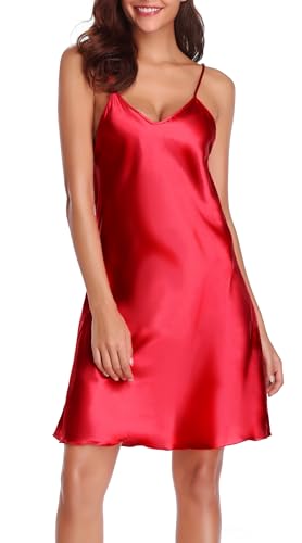Wikoan Nuisette Soie Femme Chemise de Nuit Sexy Chic Bretelles Reglables Nuisette Vêtements Robe de Nuit Femme Col V sans Manches A-Rouge Vin XXL
