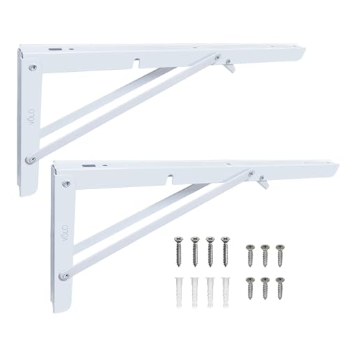 Image of VOLO Pack of 2 Pieces (1 Set ) Heavy Duty Folding Bracket | 150 Kg Load Capacity | Foldable Wall Shelf Bracket | Fold Down Table and Wall Bracket with Fittings | (Mild Steel | White, 16 Inch (400mm))