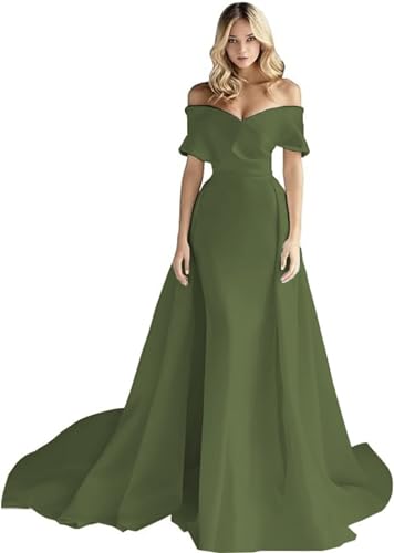 Satin Mermaid Wedding Dresses for Bride Off Shoulder Beach Wedding Dress with Detachable Train