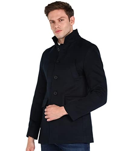 Image of Men's Black Trench Coat Regular Fit Notch Lapel Single Breasted Top Coat Winter Warm Woolen Tweed Business Semi Long Jacket Overcoat