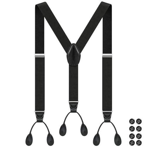 Button Suspenders for Men Y-Back 1.4 Inches Wide Leather Button End Elastic Adjustable Suspenders for Men Tuxedo Black Braces