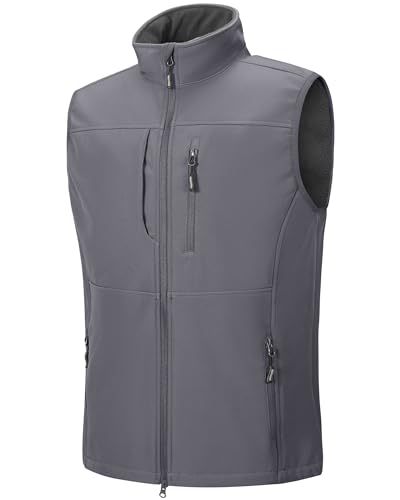 Image of Outdoor Ventures Men's Softshell Gilets Windproof Lightweight Vest Outerwear with 7 Pockets, Warm Fleece-Lined Sleeveless Jacket for for Golf Running Hiking Light Grey 2XL