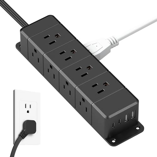 40W Fast Charging Under Desk Power Strip with Switch 12 Outlet Mountable Power Strip with 4 USB 1200J Surge Protection 6FT Flat Extension Cord Black