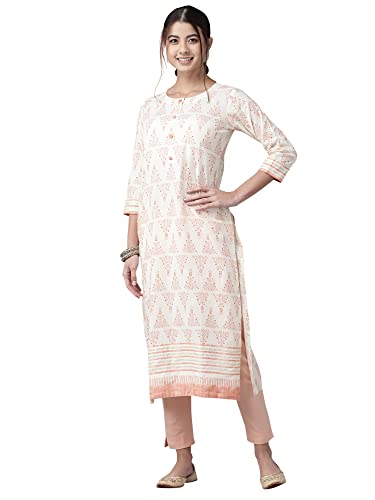 Image of INDO ERA Women's Cotton Straight Fit Floral Printed Calf Length Straight Kurta(KT0OW2452)