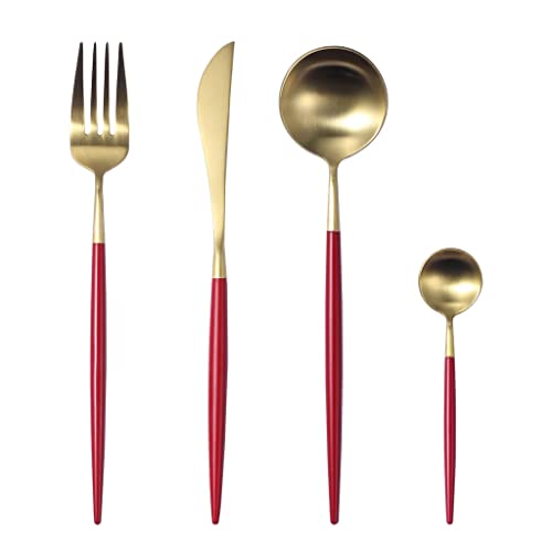 Image of aDai Premium Gold SUS304 Stainless Steel Cutlery Set - 2 Spoons, 1 Fork, 1 Steak Knife - Mirror Finish Dinnerware Flatware (Cherry Red - Set of 4)