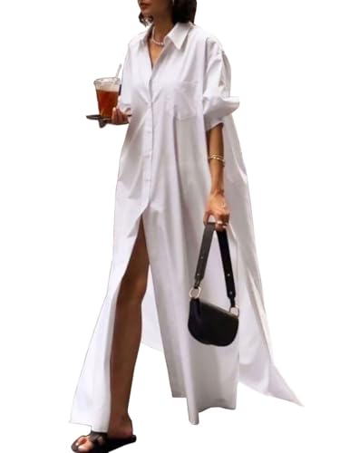 Image of UOOZEE Women's Long Sleeve Maxi Shirt Dress Button Down Side Slit Loose Flowy Vacation Sundress