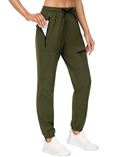 Puzeer Womens Hiking Pants Lightweight Quick Dry Water Resistant Joggers Cargo Pants With Pockets Athletic Workout Travel Casual Outdoor Running Pants Olive Green Large #TOP2