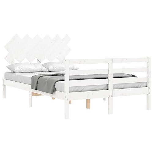 Homgoday Canapé con cabecero blanco 4FT6 Double de madera maciza, somier cama marco para salón dormitorio - imagen 4