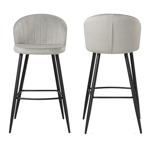 Wohnling 2er Set Barhocker Samt Grau Hocker mit Lehne, Küchenhocker Skandinavisch Stoff/Metall 110 kg, Design Barstuhl Tresenhocker, Bistrohocker Gepolstert